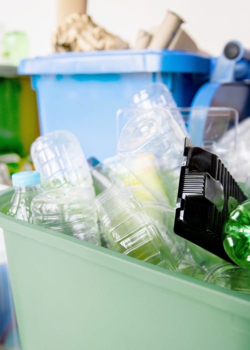 Used plastic bottles in recycling bins for earth day campaign